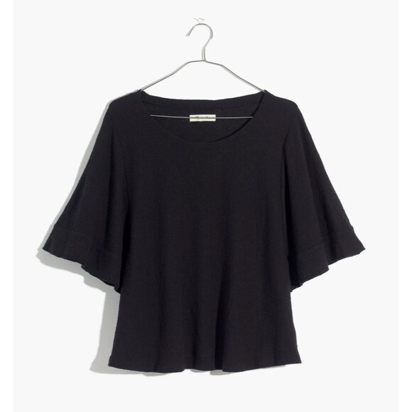 Madewell Large Texture & Thread Flutter-Sleeve Top True Black Cotton Relaxed - Picture 1 of 10